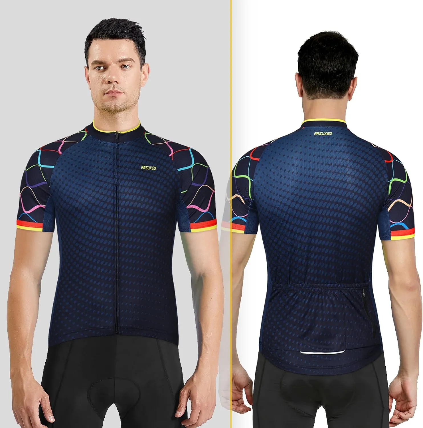ARSUXEO Men's Cycling Jersey Short Sleeves Mountain Bike Shirt MTB Top Zipper Pockets Reflective