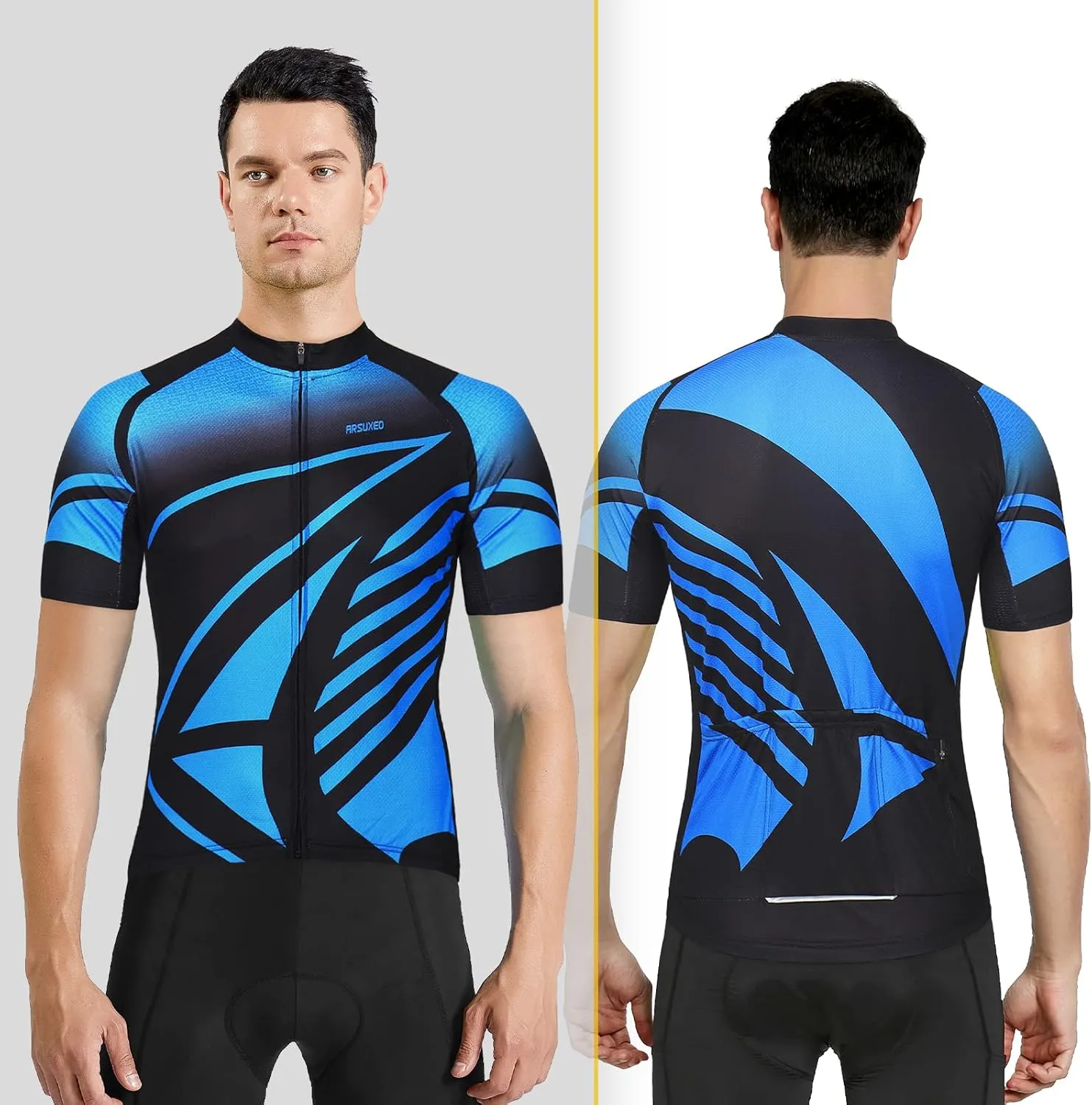 ARSUXEO Men's Cycling Jersey Short Sleeves Mountain Bike Shirt MTB Top Zipper Pockets Reflective