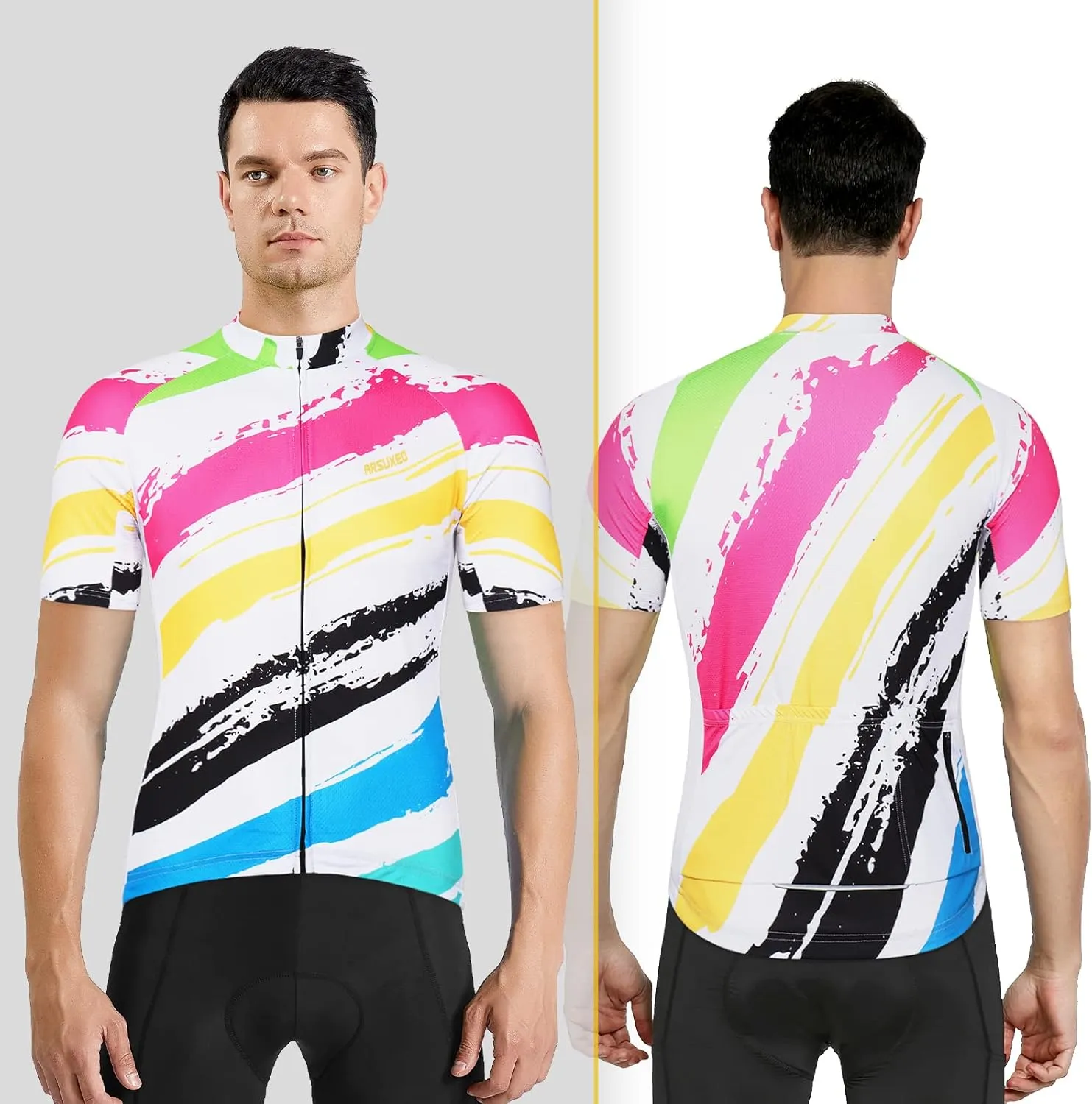 ARSUXEO Men's Cycling Jersey Short Sleeves Mountain Bike Shirt MTB Top Zipper Pockets Reflective