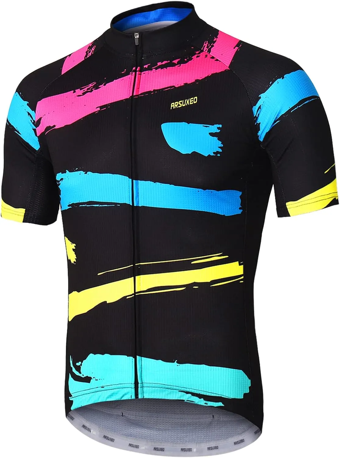 ARSUXEO Men's Cycling Jersey Short Sleeves Mountain Bike Shirt MTB Top Zipper Pockets Reflective