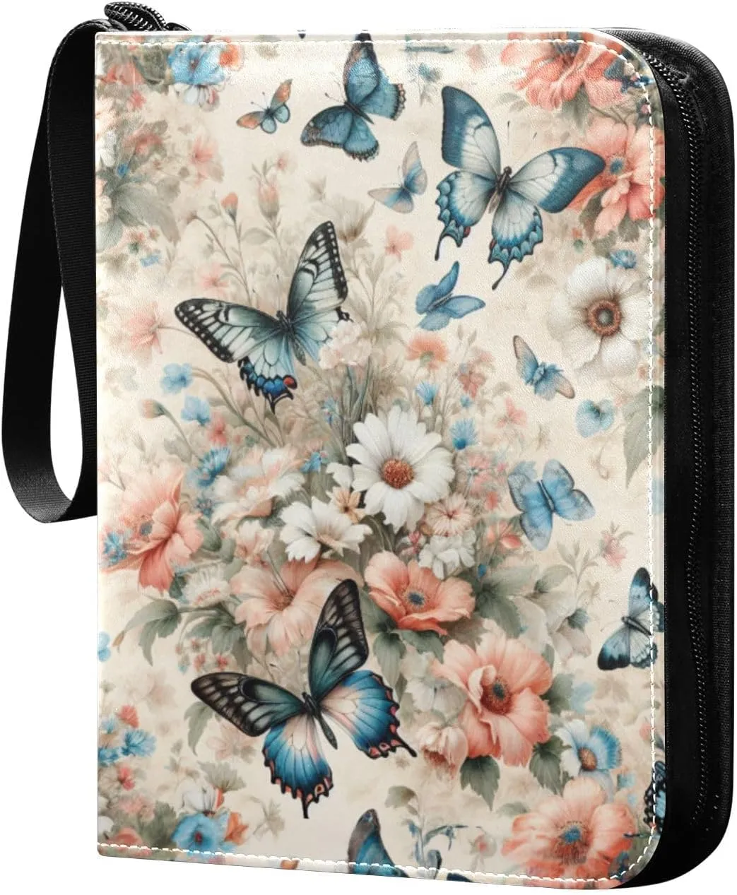 Artistic Butterfly Flowers Card Binder 4 Pocket Trading Card Album Fits 400 Sports/Game Cards, PU Cover 3 Ring Card Collection with 50 Removable Sleeves