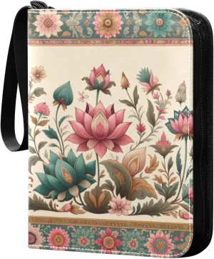 Artistic Lotus Flowers Card Binder 4 Pocket Trading Card Album Fits 400 Sports/Game Cards, PU Cover 3 Ring Card Collection with 50 Removable Sleeves