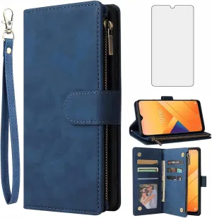 Asuwish Compatible with Wiko Voix U616AT Wallet Case Tempered Glass Screen Protector and Leather Flip Cover Card Holder Stand Cell Accessories Kickstand Protective Phone Cases for 5G Women Men Blue