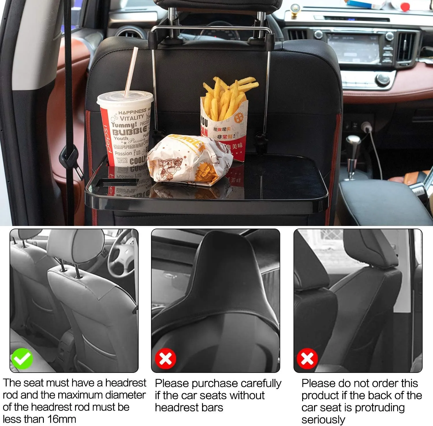 AutoChoice Foldable Car Seat Back Portable Tray for Food Dining Drink and Laptop, Hanging Car Steering Wheel Tray (2 Pack)