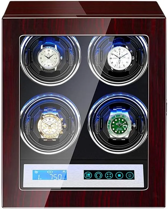 Automatic Watch Winder 4 with LCD Control Screen LED Light Flexible Watch Pillows 15 Rotation Mode Quiet Motor Watch Winder for Automatic Watches