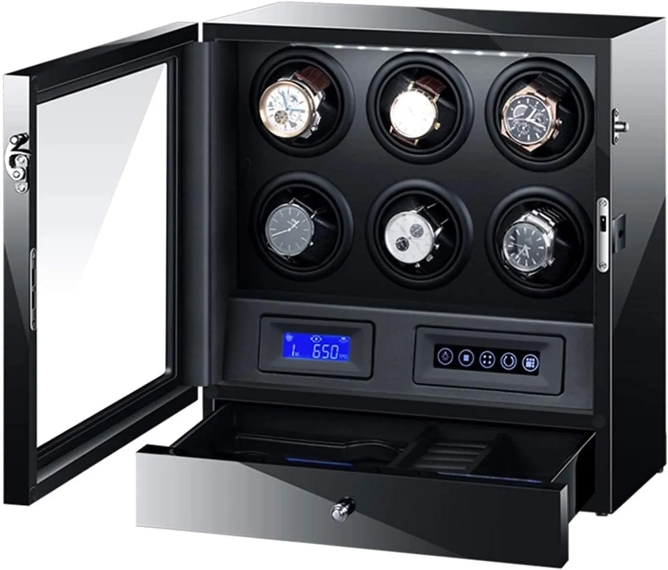 Automatic Watch Winder Box Watches and Jewelry Storage Drawer LCD display Touch Screen Control with LED Backlight Quiet Motor (6 2)