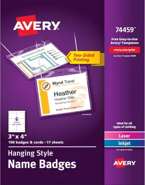 Avery Customizable Name Badges, 3" x 4", Laser/Inkjet Printable Inserts, 100 Name Tag Holders with Cords (74459)