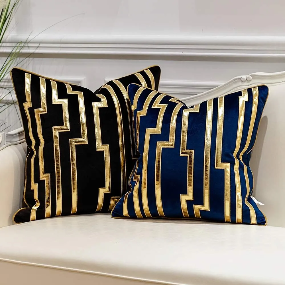 Avigers 18 x 18 Inches Navy Blue Gold Leather Striped Cushion Cases Luxury European Throw Pillow Covers Decorative Pillows for Couch Living Room Bedroom Car 45 x 45cm