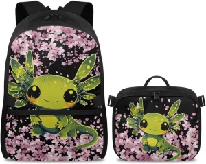 Axolotl Backpack Purse for Girls Pink Axolotl School Backpack with Lunch Bag for Kids 8-10 Kids Book Bag with Lunchbox 2 IN 1 School Bag and Lunch Box Set Cute Bookbag for 5th Grade Girls