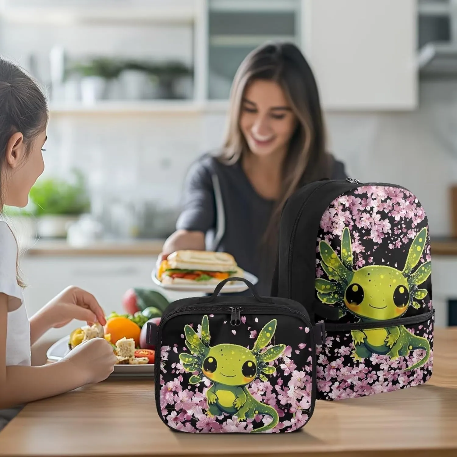 Axolotl Backpack Purse for Girls Pink Axolotl School Backpack with Lunch Bag for Kids 8-10 Kids Book Bag with Lunchbox 2 IN 1 School Bag and Lunch Box Set Cute Bookbag for 5th Grade Girls