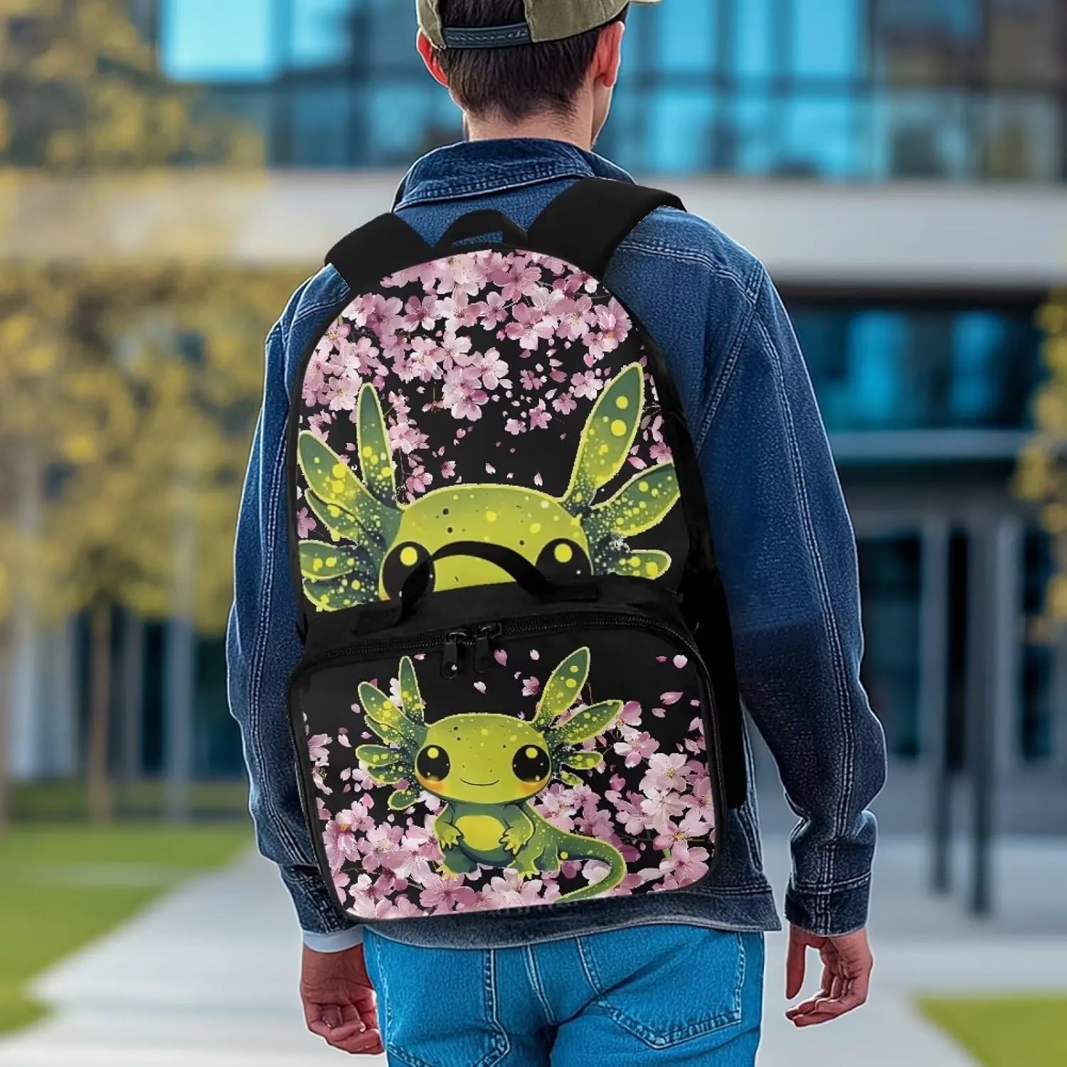Axolotl Backpack Purse for Girls Pink Axolotl School Backpack with Lunch Bag for Kids 8-10 Kids Book Bag with Lunchbox 2 IN 1 School Bag and Lunch Box Set Cute Bookbag for 5th Grade Girls