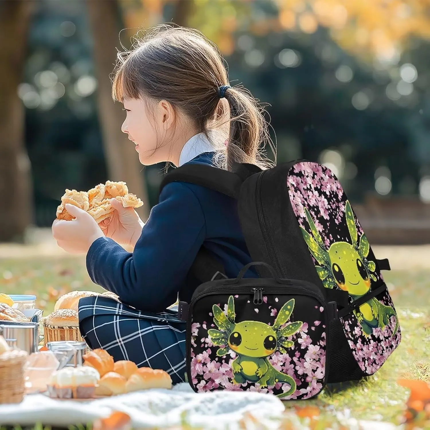 Axolotl Backpack Purse for Girls Pink Axolotl School Backpack with Lunch Bag for Kids 8-10 Kids Book Bag with Lunchbox 2 IN 1 School Bag and Lunch Box Set Cute Bookbag for 5th Grade Girls