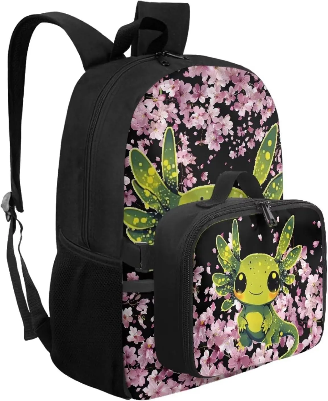 Axolotl Backpack Purse for Girls Pink Axolotl School Backpack with Lunch Bag for Kids 8-10 Kids Book Bag with Lunchbox 2 IN 1 School Bag and Lunch Box Set Cute Bookbag for 5th Grade Girls