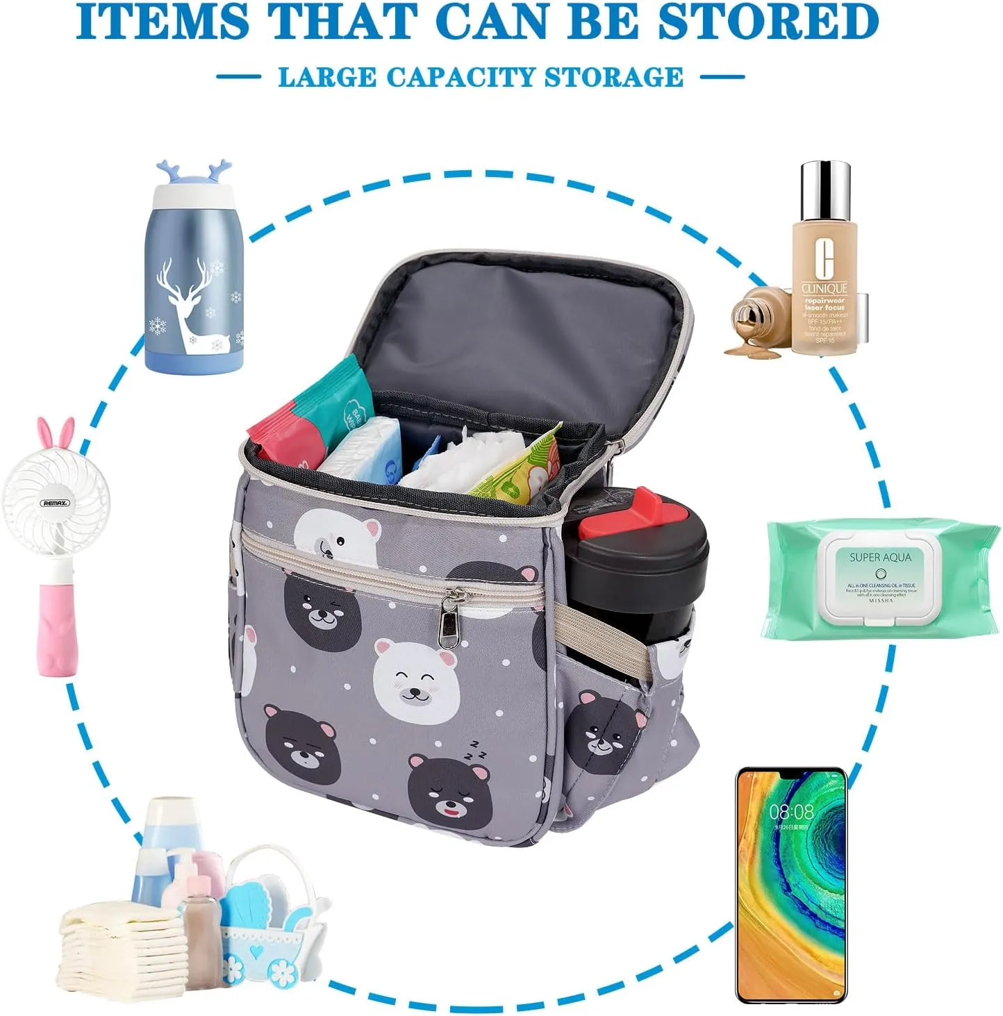 Baby Stroller Organizer Bag，Small Diaper Bag - Universal Stroller Organizer With Insulated Cup Holder,Pocket With Baby Wipes Dispenser，Adjustable Shoulder Strap (Light Gray)