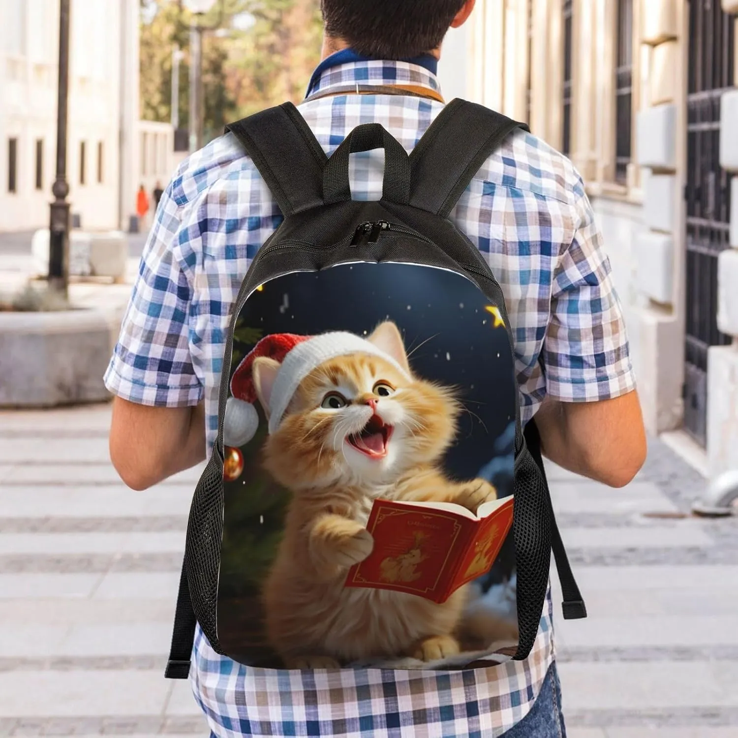 Backpack Cute Cat Sing Christmas Carols Travel Casual Laptop Backpack Waterproof Hiking Daypack for Men Women