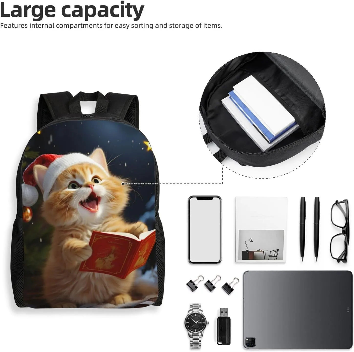 Backpack Cute Cat Sing Christmas Carols Travel Casual Laptop Backpack Waterproof Hiking Daypack for Men Women