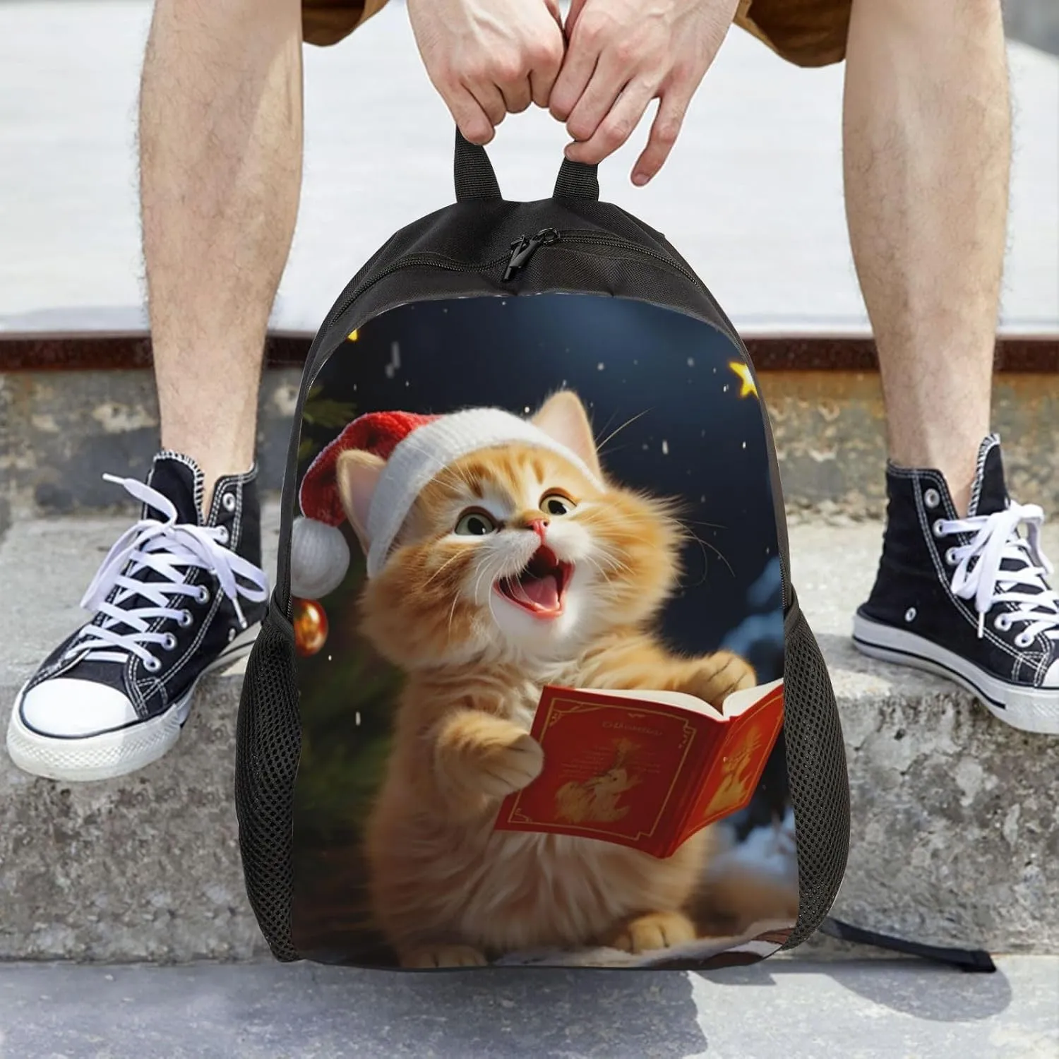 Backpack Cute Cat Sing Christmas Carols Travel Casual Laptop Backpack Waterproof Hiking Daypack for Men Women