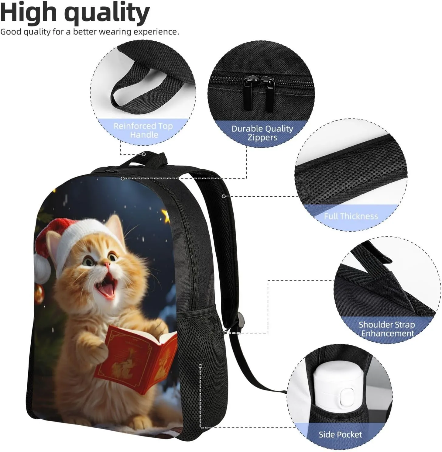 Backpack Cute Cat Sing Christmas Carols Travel Casual Laptop Backpack Waterproof Hiking Daypack for Men Women