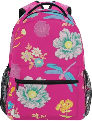 Backpack Daypack Shoulder Bag with Name Label Tag Floral Flower Dragonfly Leaves Vintage Purple Pastoral Luggage Bag for Gym Sports Casual Women Men