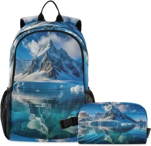 Backpack Icy Mountain Landscape Book Bag Daypack Shoulder Bag Lightweight Back Pack with Lunch Box Travel Laptop Daypack 18.5 x 11.8 In