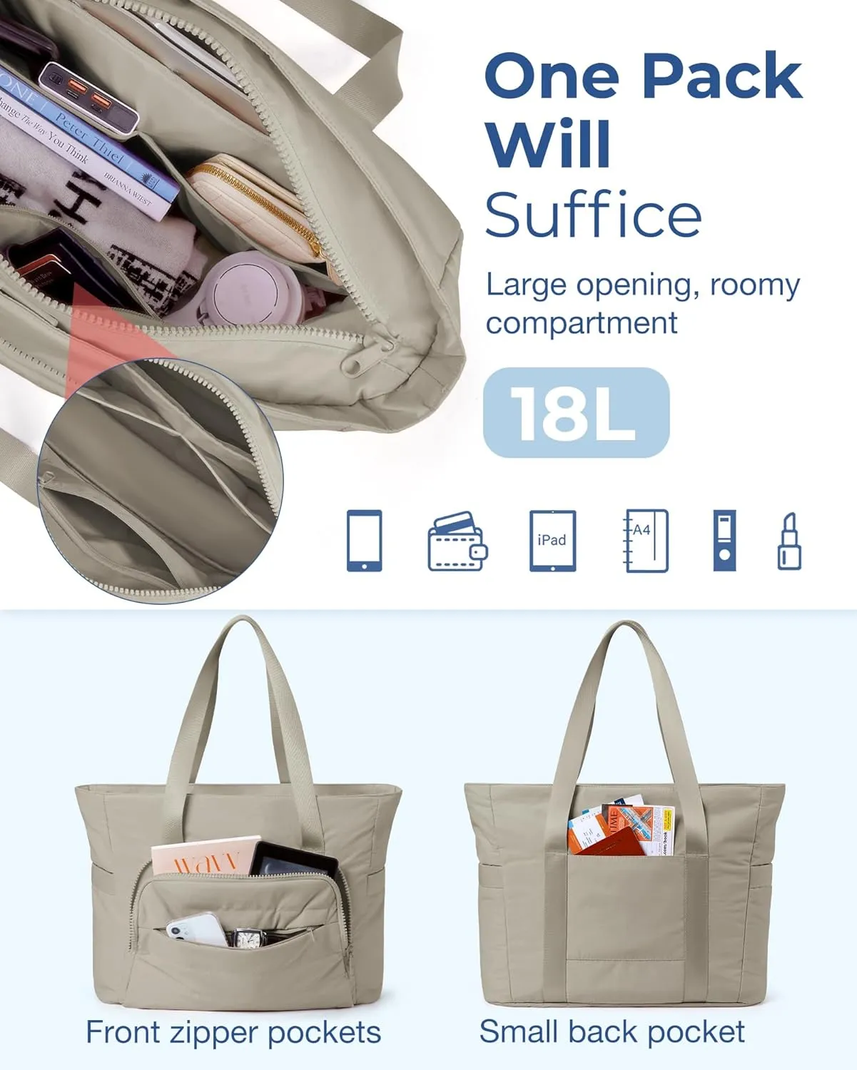 BAGSMART Quilted Tote Bag with Compartments and Yoga Mat Strap, Lightweight Large Shoulder Bag for Travel Work Gym