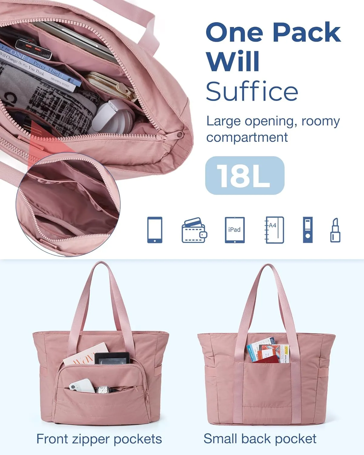 BAGSMART Quilted Tote Bag with Compartments and Yoga Mat Strap, Lightweight Large Shoulder Bag for Travel Work Gym