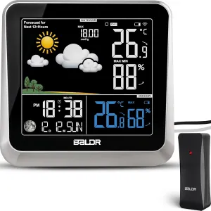 BALDR Home Weather Station Clock - Indoor Outdoor Thermometer Wireless with Weather Forecast, Barometer & Moon Phase Display - Accurate Temperature Humidity Monitor Weather Stations Wireless