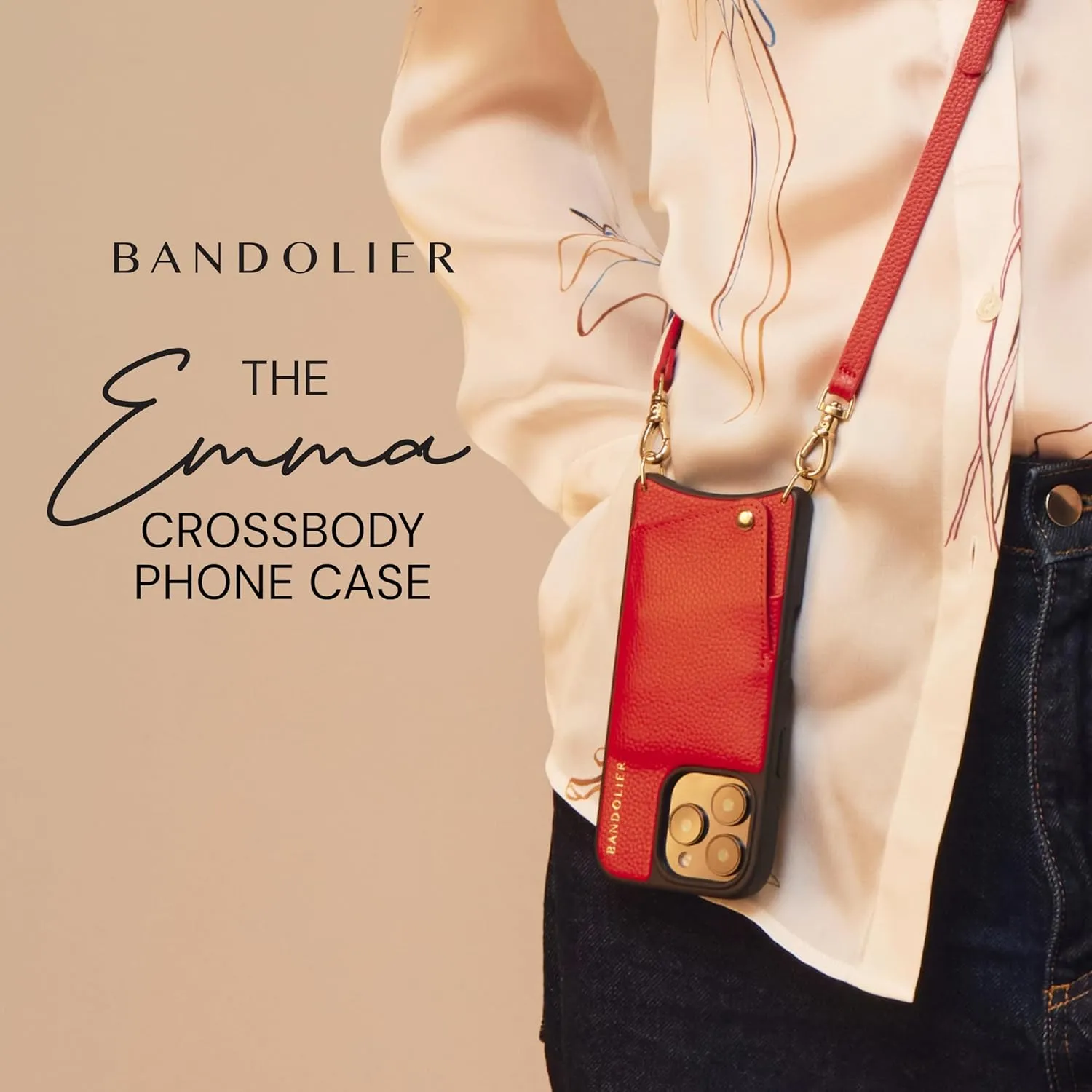Bandolier Emma Crossbody Wallet Phone Case for iPhone 15 Pro. 100% Genuine Pebble Leather. Adjustable & Removable Crossbody Strap. Card Holder with Snap Closure. Red with Gold Hardware