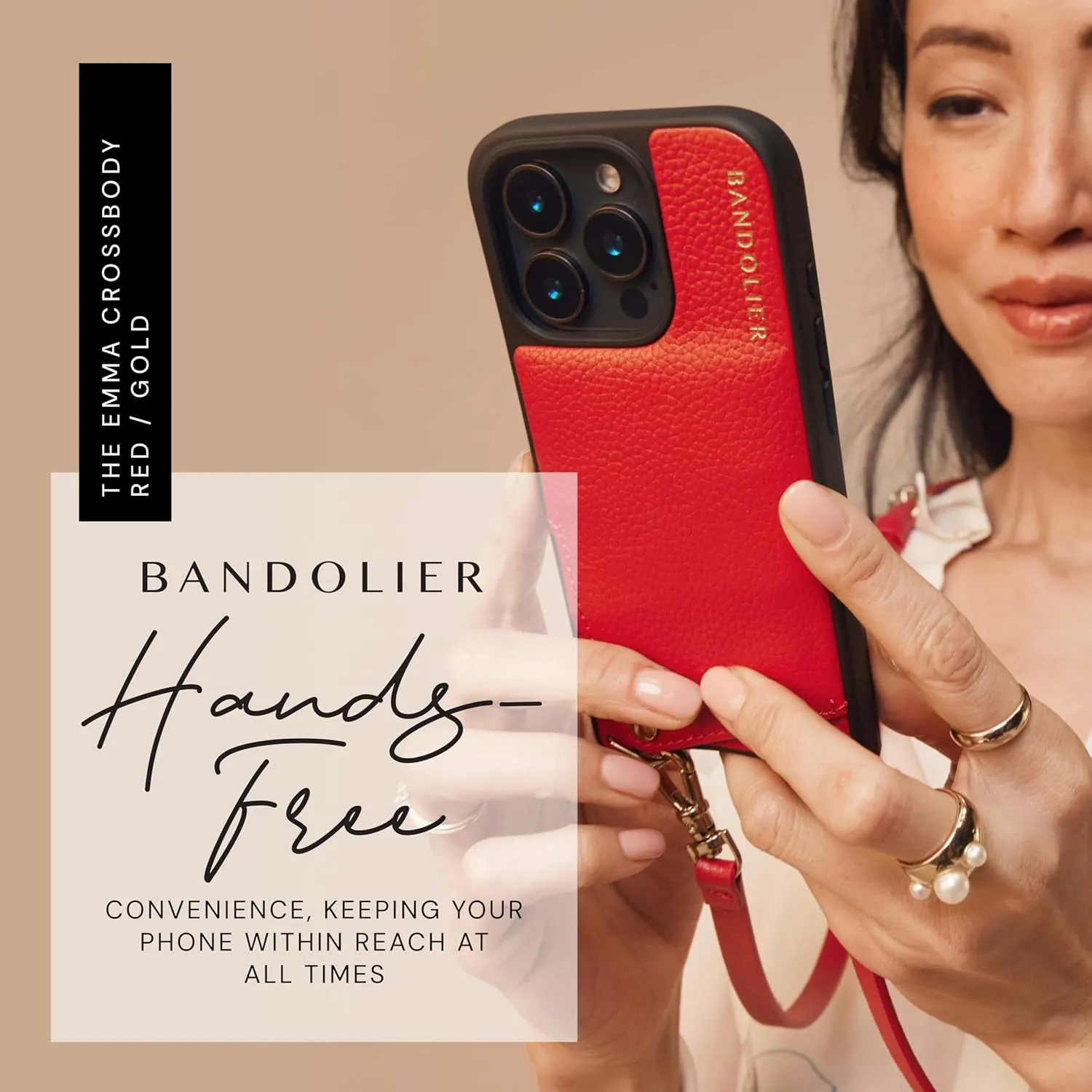 Bandolier Emma Crossbody Wallet Phone Case for iPhone 15 Pro. 100% Genuine Pebble Leather. Adjustable & Removable Crossbody Strap. Card Holder with Snap Closure. Red with Gold Hardware