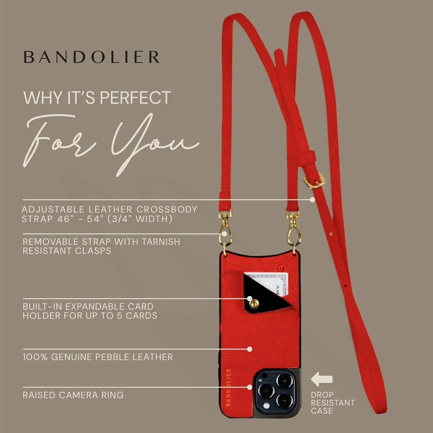 Bandolier Emma Crossbody Wallet Phone Case for iPhone 15 Pro. 100% Genuine Pebble Leather. Adjustable & Removable Crossbody Strap. Card Holder with Snap Closure. Red with Gold Hardware