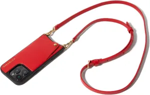 Bandolier Emma Crossbody Wallet Phone Case for iPhone 15 Pro. 100% Genuine Pebble Leather. Adjustable & Removable Crossbody Strap. Card Holder with Snap Closure. Red with Gold Hardware