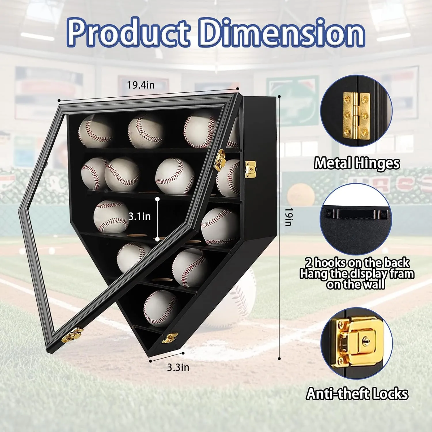 Baseball Display Case Baseball Holders for Balls Display Baseball Ring Display Wall Cabinet with Anti-Theft Lock for Collection Autographed Baseballs