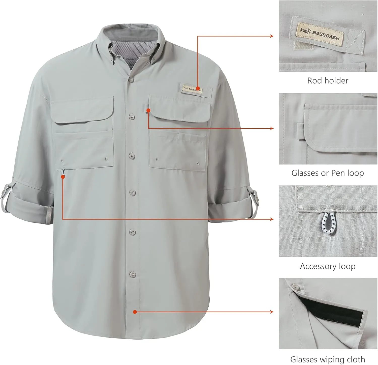 BASSDASH Men's Performance Fishing Hiking Shirt UPF 50 Button Down Long Sleeve Quick Dry FS21M