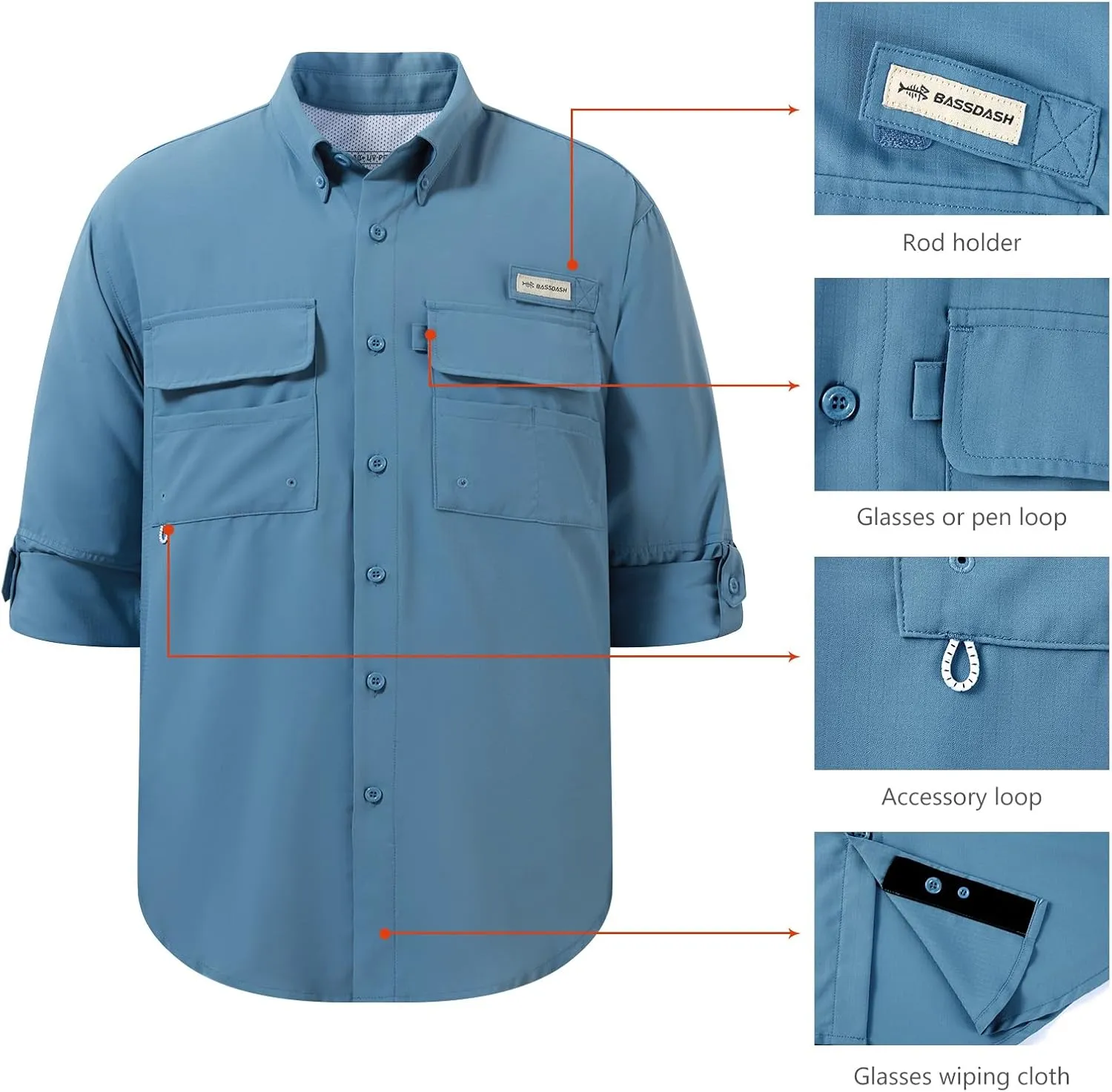 BASSDASH Men's Performance Fishing Hiking Shirt UPF 50 Button Down Long Sleeve Quick Dry FS21M