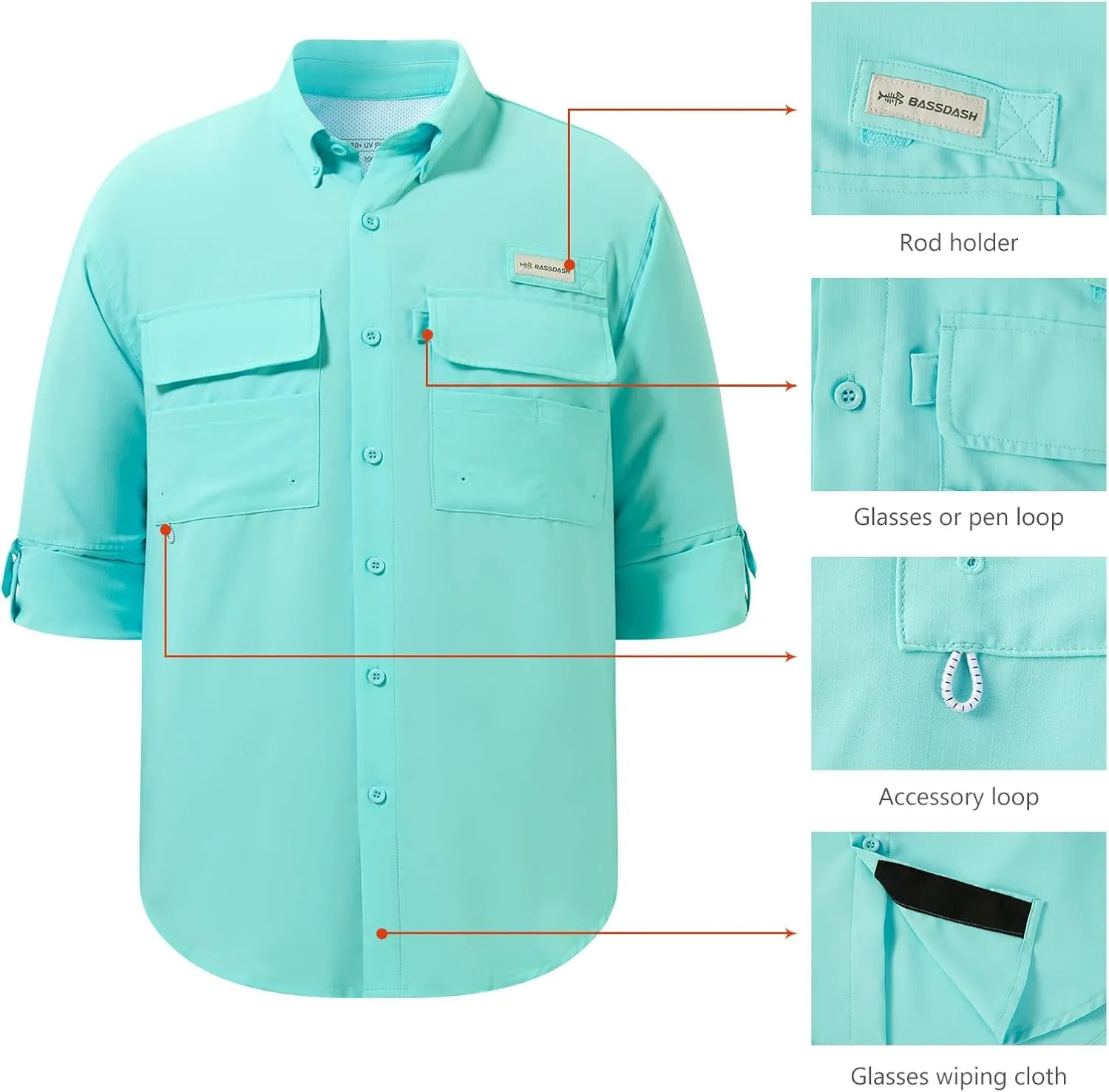 BASSDASH Men's Performance Fishing Hiking Shirt UPF 50 Button Down Long Sleeve Quick Dry FS21M