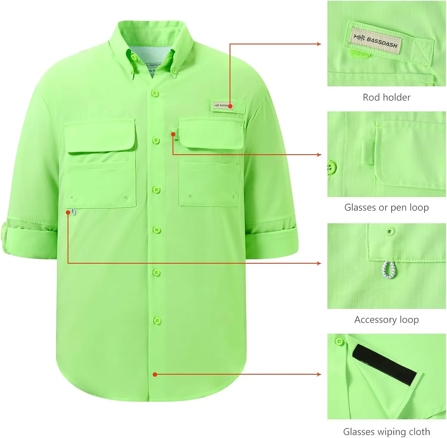 BASSDASH Men's Performance Fishing Hiking Shirt UPF 50 Button Down Long Sleeve Quick Dry FS21M