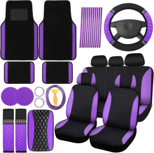 BBTO 43 Pcs Bling Car Accessories Set for Women Front Seats and Rear Bench Polyester Car Seat Protectors Wheel Cover Seat Floor Mats Full Crystal Automotive Interior Decor(Purple and Black)