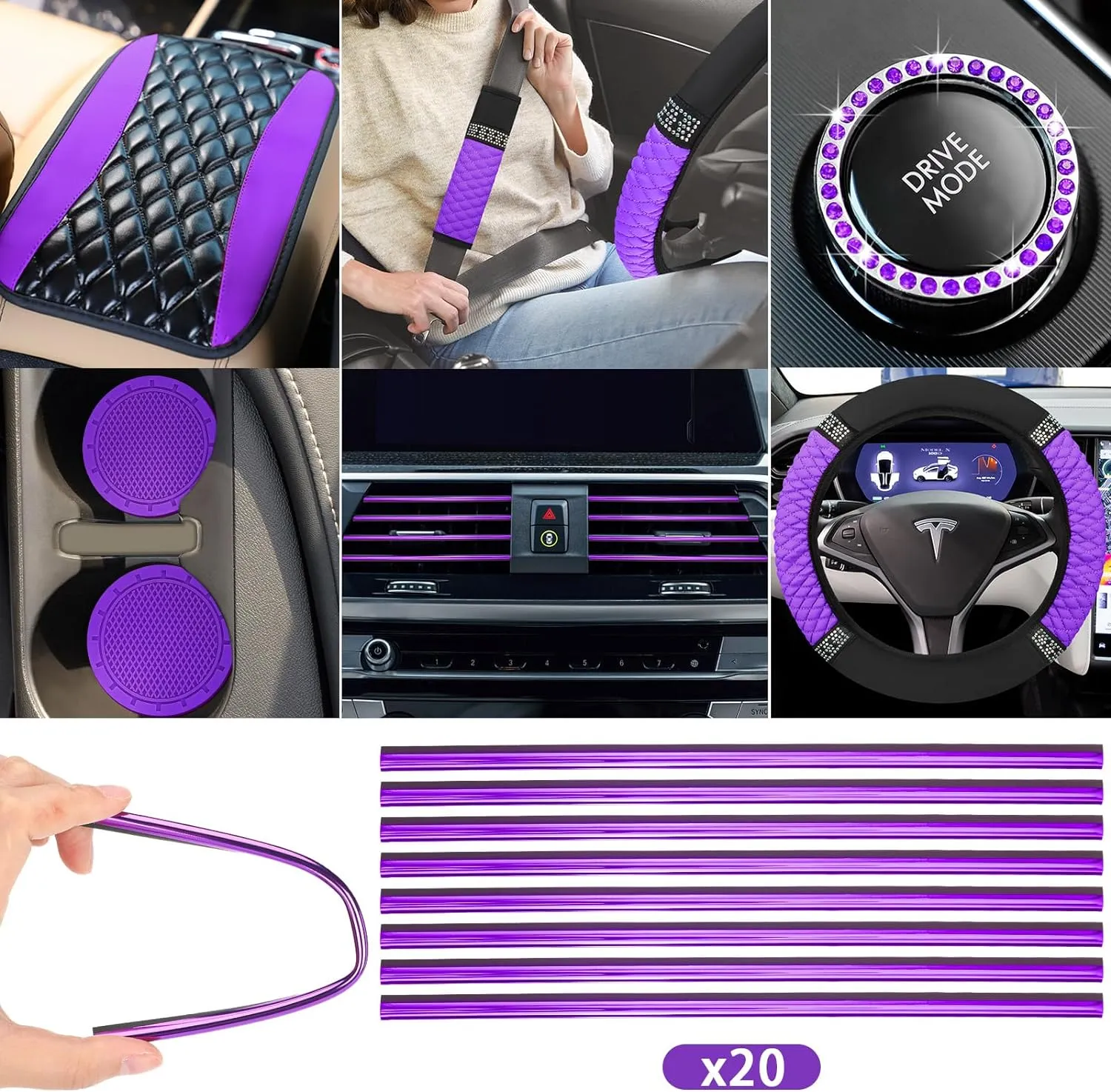 BBTO 43 Pcs Bling Car Accessories Set for Women Front Seats and Rear Bench Polyester Car Seat Protectors Wheel Cover Seat Floor Mats Full Crystal Automotive Interior Decor(Purple and Black)