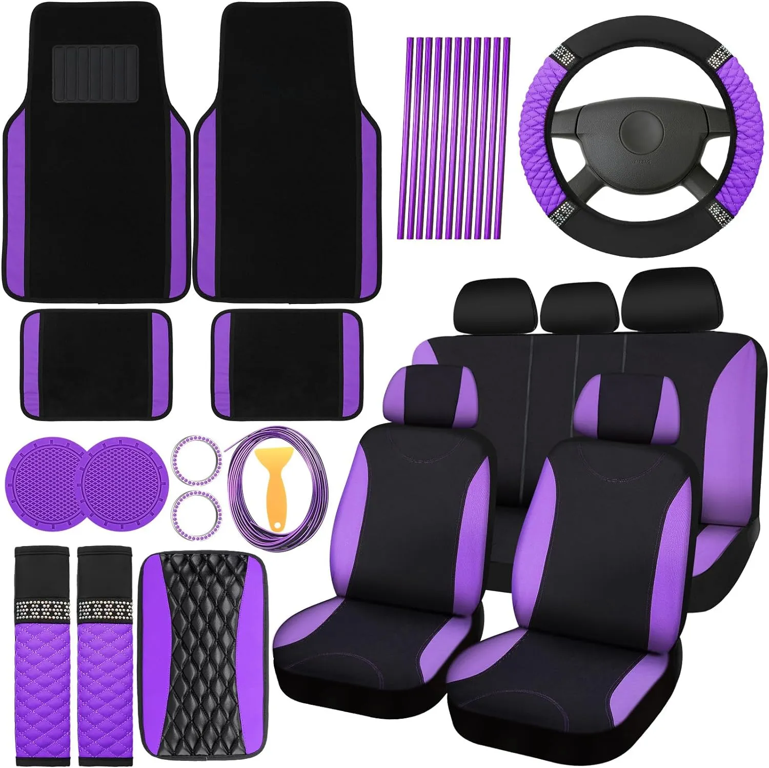 BBTO 43 Pcs Bling Car Accessories Set for Women Front Seats and Rear Bench Polyester Car Seat Protectors Wheel Cover Seat Floor Mats Full Crystal Automotive Interior Decor(Purple and Black)