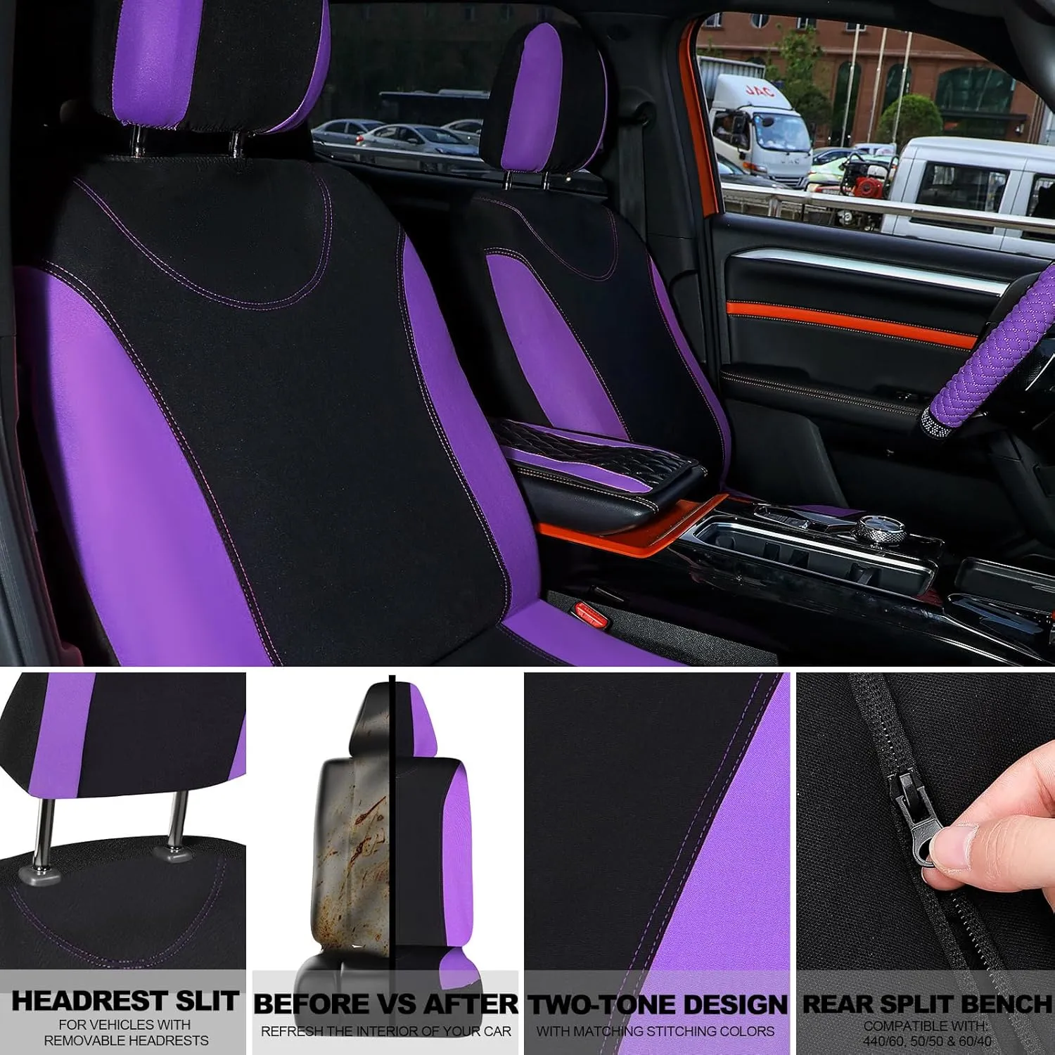 BBTO 43 Pcs Bling Car Accessories Set for Women Front Seats and Rear Bench Polyester Car Seat Protectors Wheel Cover Seat Floor Mats Full Crystal Automotive Interior Decor(Purple and Black)