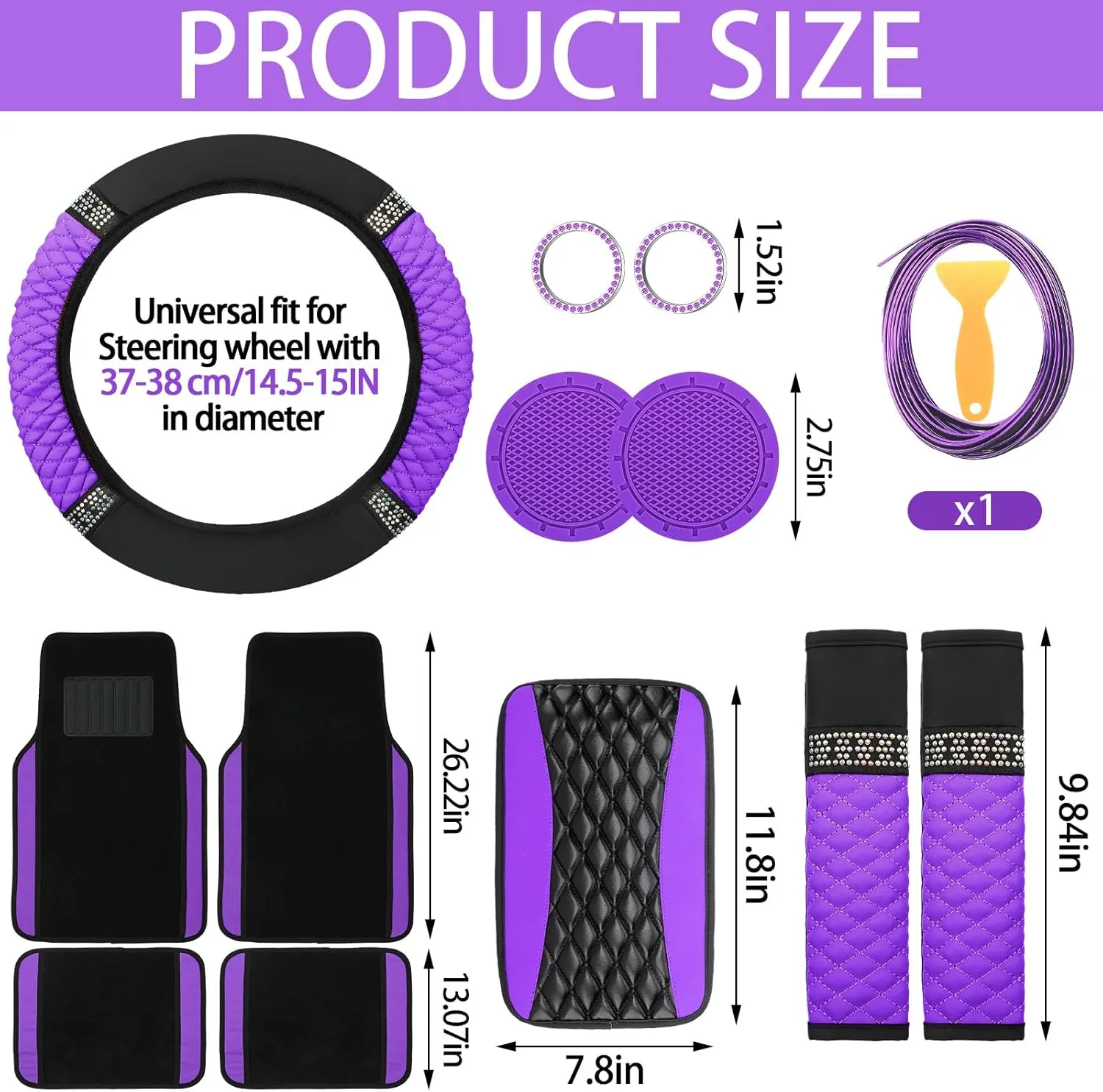 BBTO 43 Pcs Bling Car Accessories Set for Women Front Seats and Rear Bench Polyester Car Seat Protectors Wheel Cover Seat Floor Mats Full Crystal Automotive Interior Decor(Purple and Black)