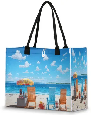 Beach Lounger Drinks Large Beach Tote Bag for Women Reusable Grocery Bag with Sturdy Handles Inside Zipper Pocket Portable Gift Bag for Work Travel Shopping Pool Beach Fitness Daily Use
