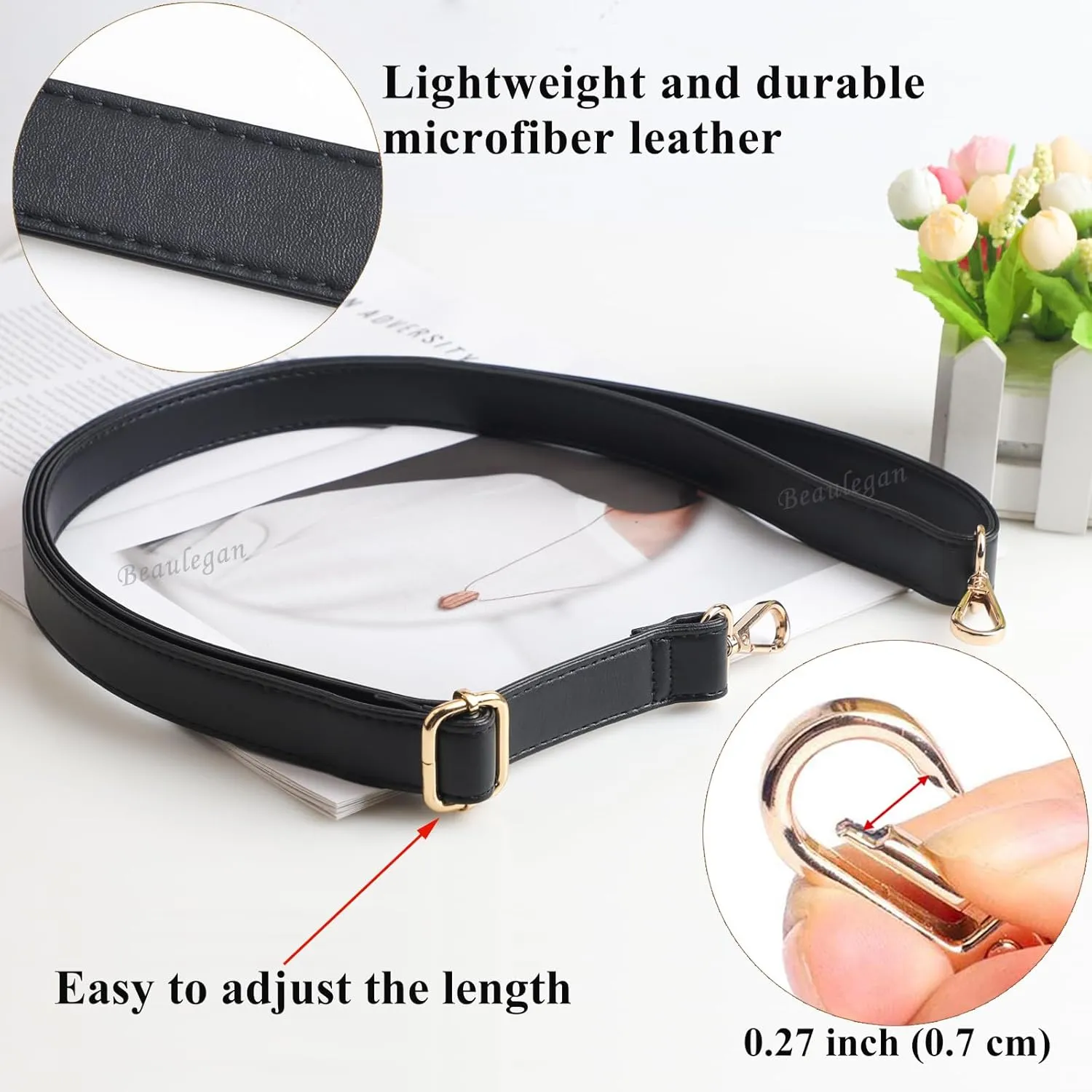 Beaulegan Purse Strap Replacement - Microfiber Leather - 59 Inch Long Adjustable for Crossbody Shoulder Bag - 0.7 Inch Wide, Black/Silver