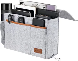 Bedside Caddy, Felt Bed Storage Organizer Hanging Bag Holder with 5 Pockets, Magazine Book Phone Tablet iPad Cables Remote and Water Bottle Holder for Home Dorm Bed Sofa, Light Gray