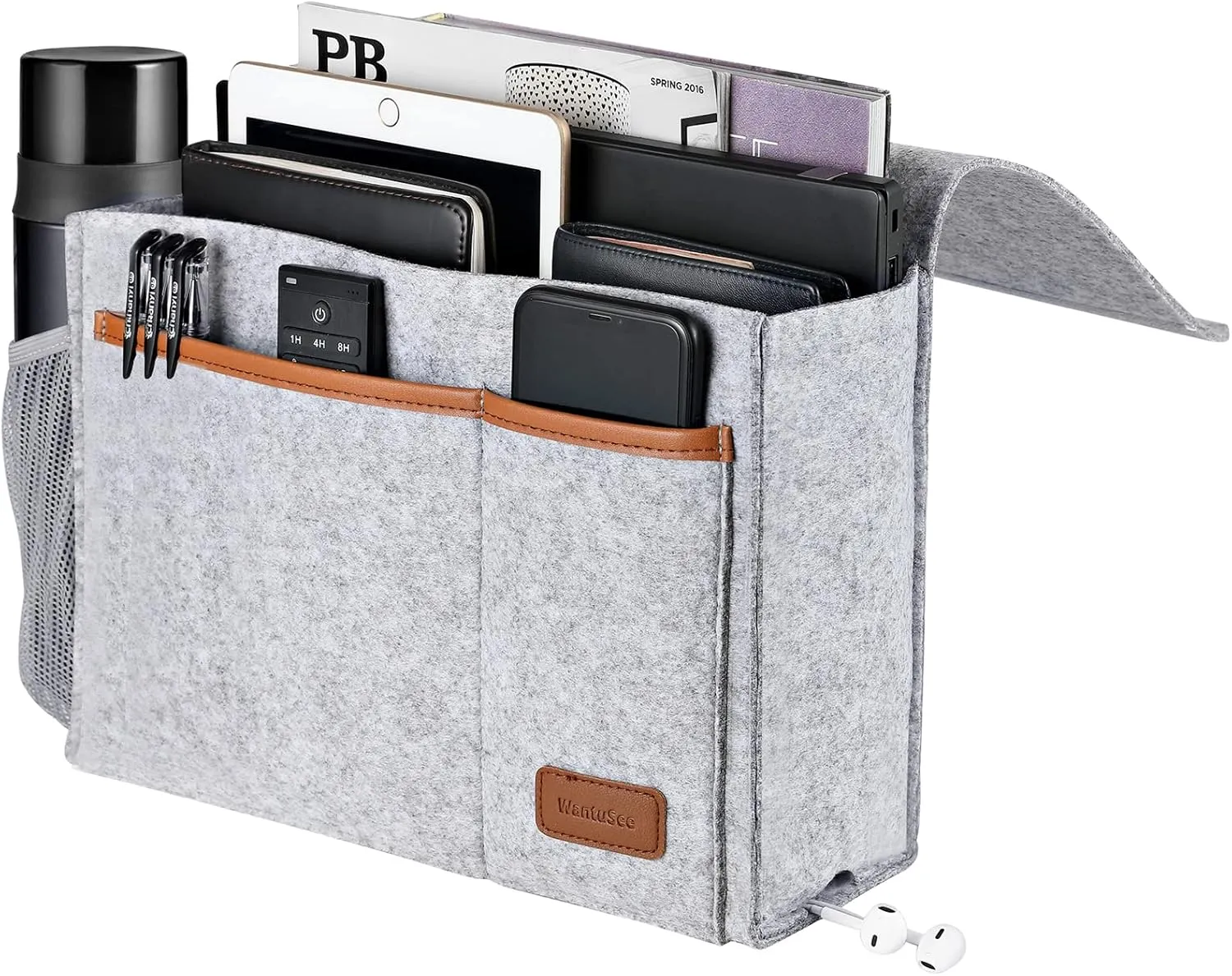 Bedside Caddy, Felt Bed Storage Organizer Hanging Bag Holder with 5 Pockets, Magazine Book Phone Tablet iPad Cables Remote and Water Bottle Holder for Home Dorm Bed Sofa, Light Gray