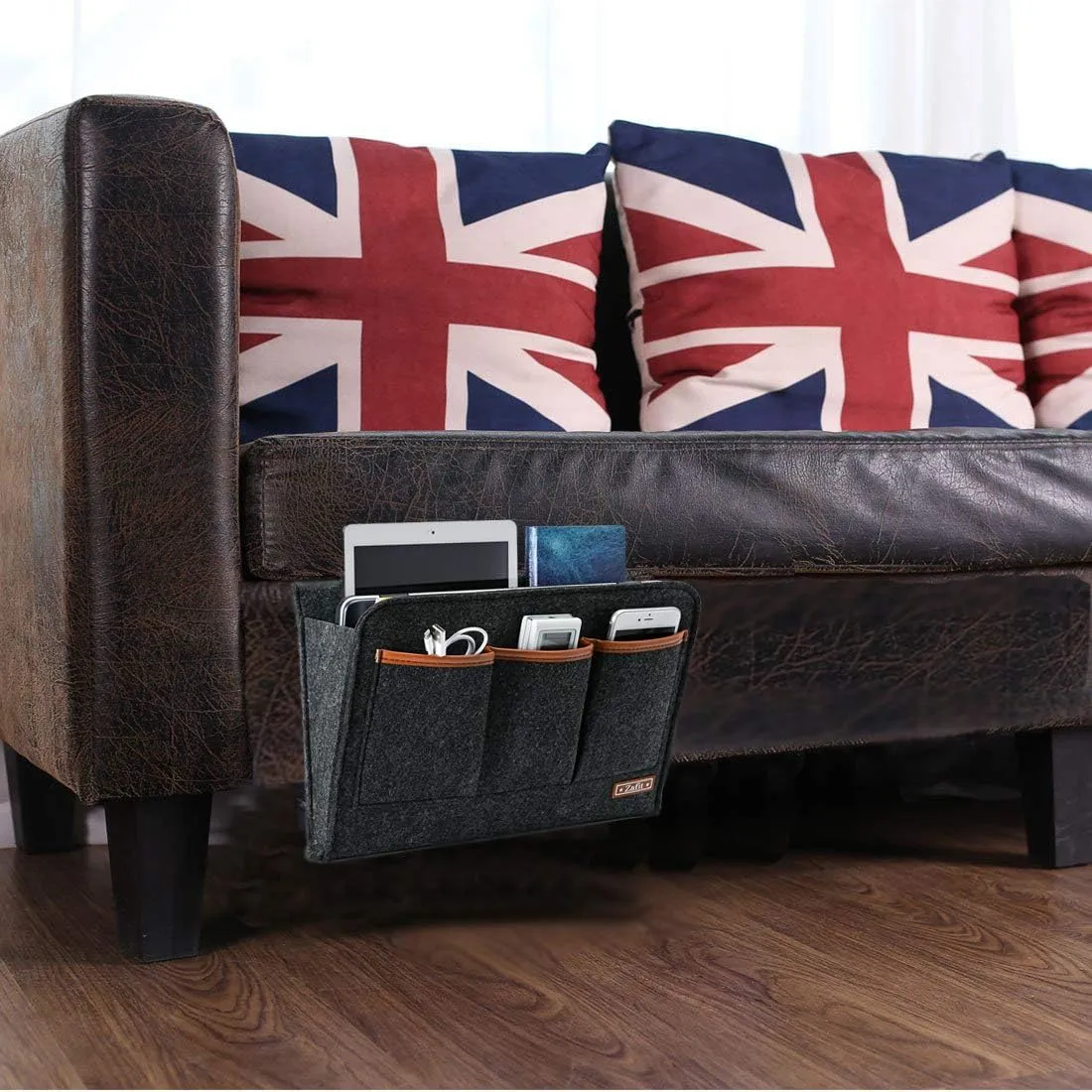 Bedside Caddy, Large Size Storage Organizer with 6 Pockets for Magazine, Remotes, Phone (13.4'' x 18.1'', Dark Grey)