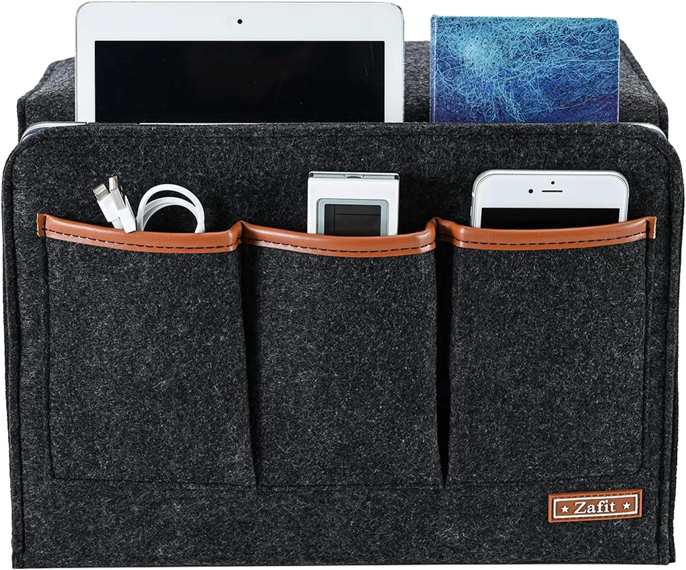 Bedside Caddy, Large Size Storage Organizer with 6 Pockets for Magazine, Remotes, Phone (13.4'' x 18.1'', Dark Grey)