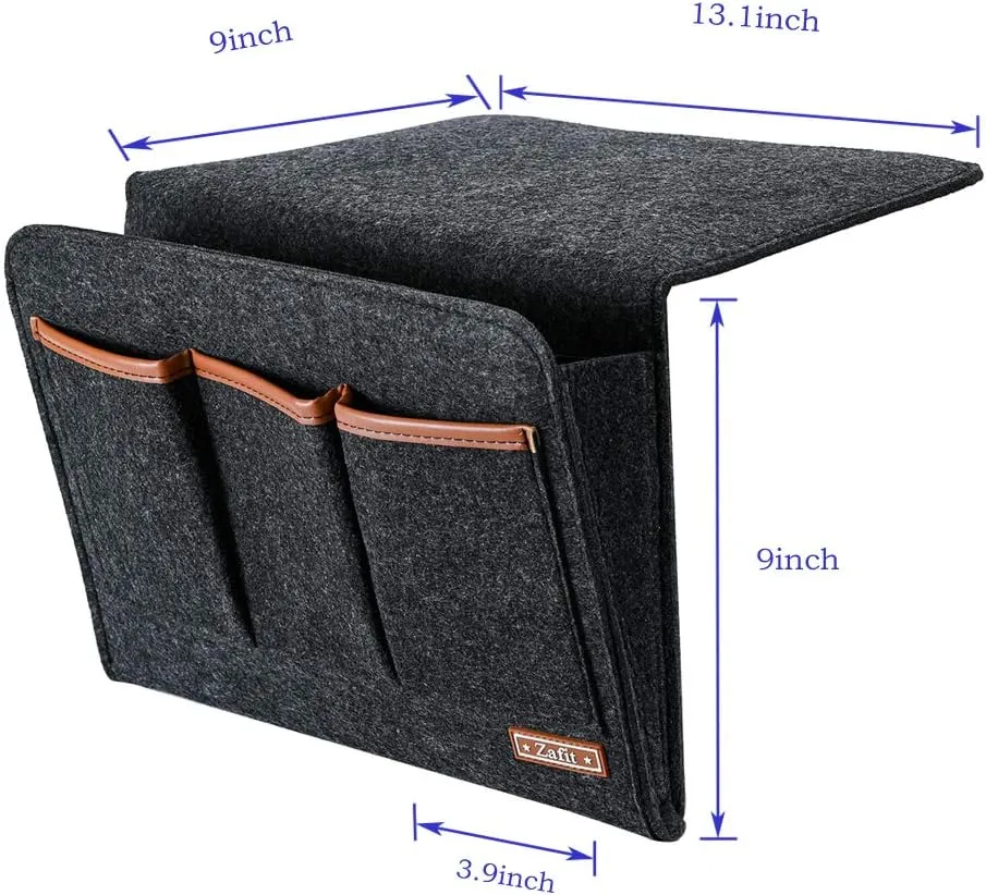 Bedside Caddy, Large Size Storage Organizer with 6 Pockets for Magazine, Remotes, Phone (13.4'' x 18.1'', Dark Grey)