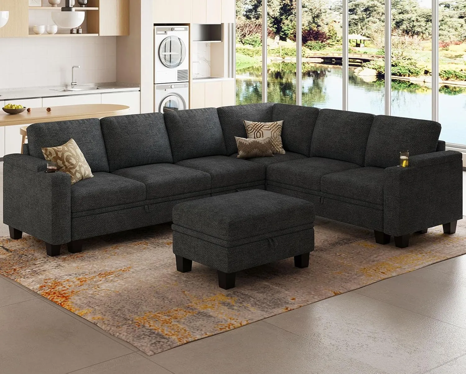 Belffin Chenille Modular Sectional Sofa Convertible L Shaped Corner Couches for Living Room with Storage Armrest with Cup Holder Dark Grey Couch