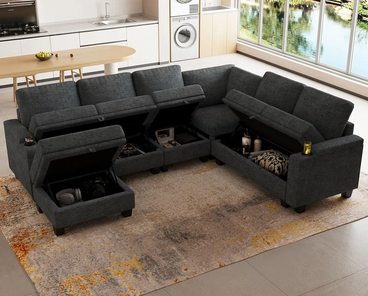 Belffin Chenille Modular Sectional Sofa Convertible L Shaped Corner Couches for Living Room with Storage Armrest with Cup Holder Dark Grey Couch